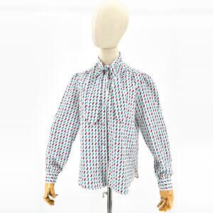 Vintage 80s Evan-Picone White Multicolor Geometric Pussybow Blouse